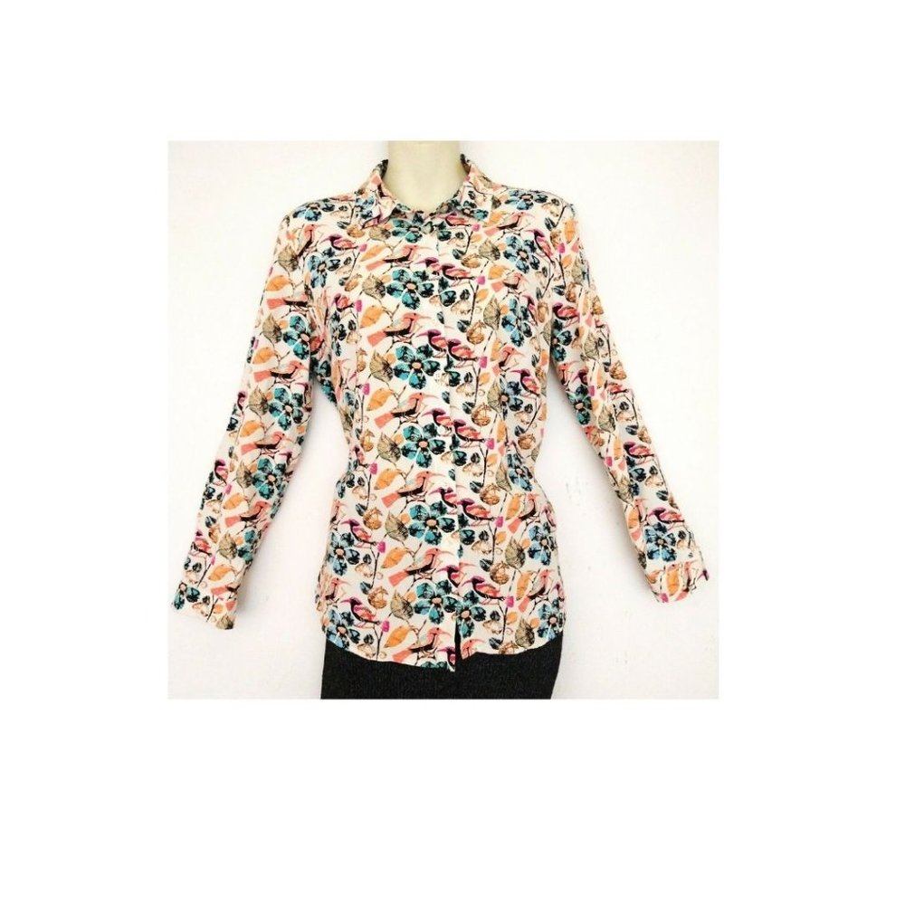 TALBOTS Petites Floral Birds Button Down Long Sleeve Shirt Size Small P